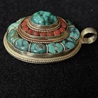 Vintage Turquoise And Coral Oval Sterling Silver Layered Pendant 1.75” Long 925 — photo 3