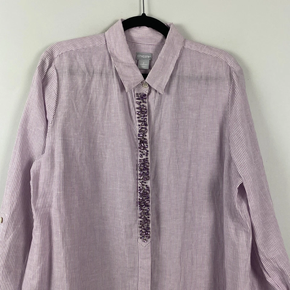 Vestido Camisa Chicos Mezcla Lino Talla 2 EE. UU. 12/14 Grande Adornado Púrpura Rayas Foto 2 de 4