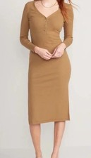 OLD NAVY Women’s Fitted Henley Dress Midi Ribbed Acacia Tan NWT Size M