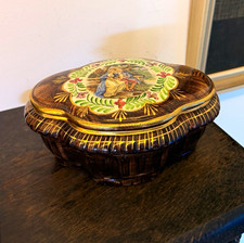 Antike Keramikdose mit Deckel braun/mehrfarbig Bonboniere, 20 cm handbemalt