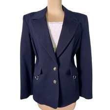 Vtg St John Sport Marie Gray Sz 12 Navy Blazer Two Tone Logo Hardware USA Preppy