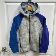 LL Bean Youth M 10-12 Fleece Jacket Full Zip Hooded Pockets Blue Purple Sleeves