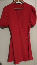 ZARA Wrap Dress Linen Blend Red Ruffle Trim Women’s Size Medium 