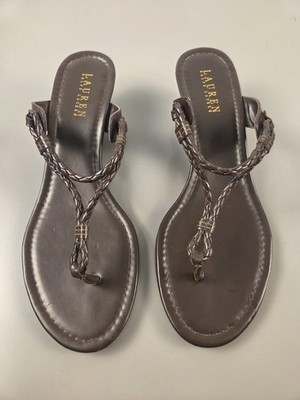Ralph Lauren Sz 10B Brown Braided Leather T Strap Thong 