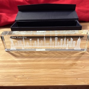New York City Skyline Laser Etched Glass Paper Weight Desk, Shelf Decor in box