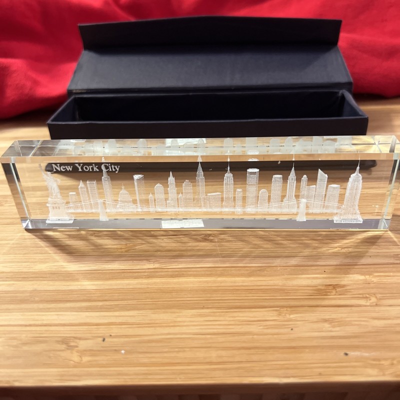 New York City Skyline Laser Etched Glass Paper Weight Desk, Shelf Decor in box