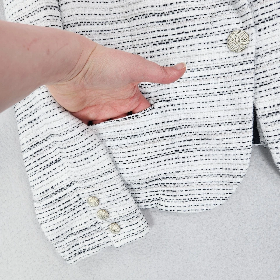 Jaqueta Cabi Feminina 12 Branca Preta Estática Tweed Único Dourado Botão Carreira Blazer - Imagem 4 de 4