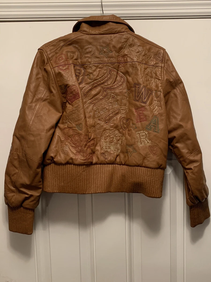 Rocawear Brown Leather Jacket Embroidered Embellished Women s Large