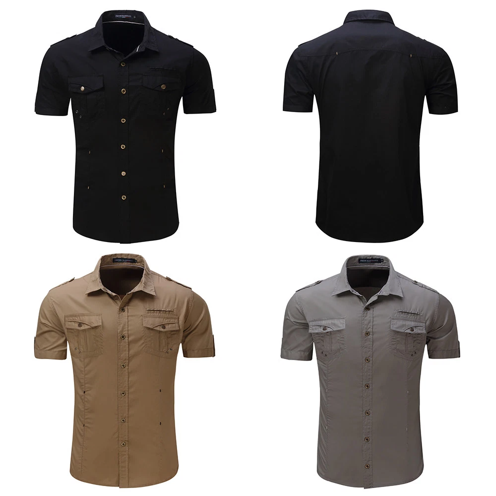 Mens Military Shirt Short Sleeve Double pocket Casual Epaulet Shirt Cotton  Tops