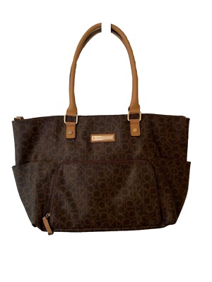 Calvin Klein Brown Large Tote Handbag Shoulder Bag Monogram Triple  Compartment