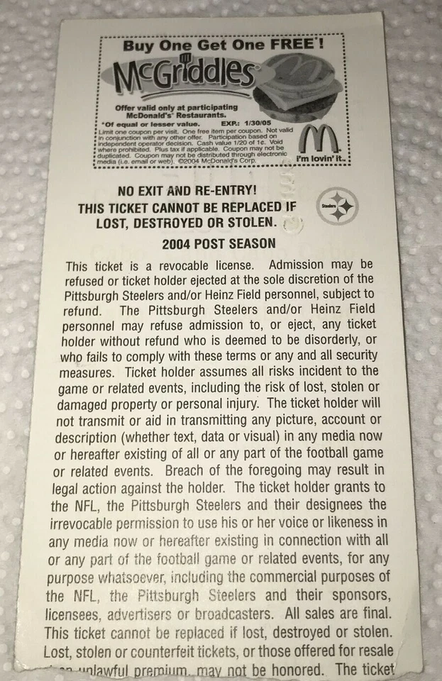 Jets Steelers 2004 División AFC Playoffs Juego #1 Boleto Talón Big Ben Novato RC Foto 2 de 2