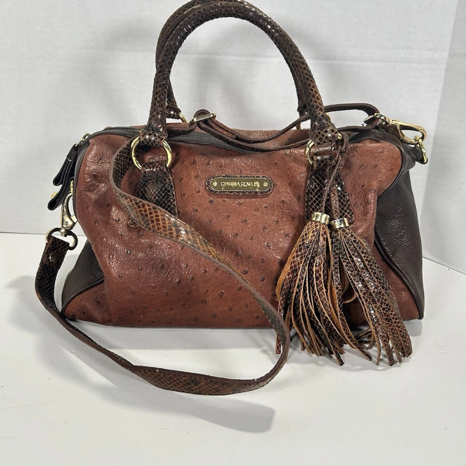 Bolsa satchel Cynthia Rowley grande couro marrom dois tons pele de cobra e estampa de avestruz