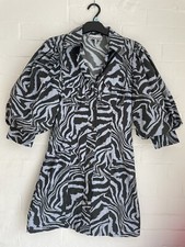 Ganni Zebra Print Puff Sleeve Poplin Shirt Dress Size 34 UK Size 6