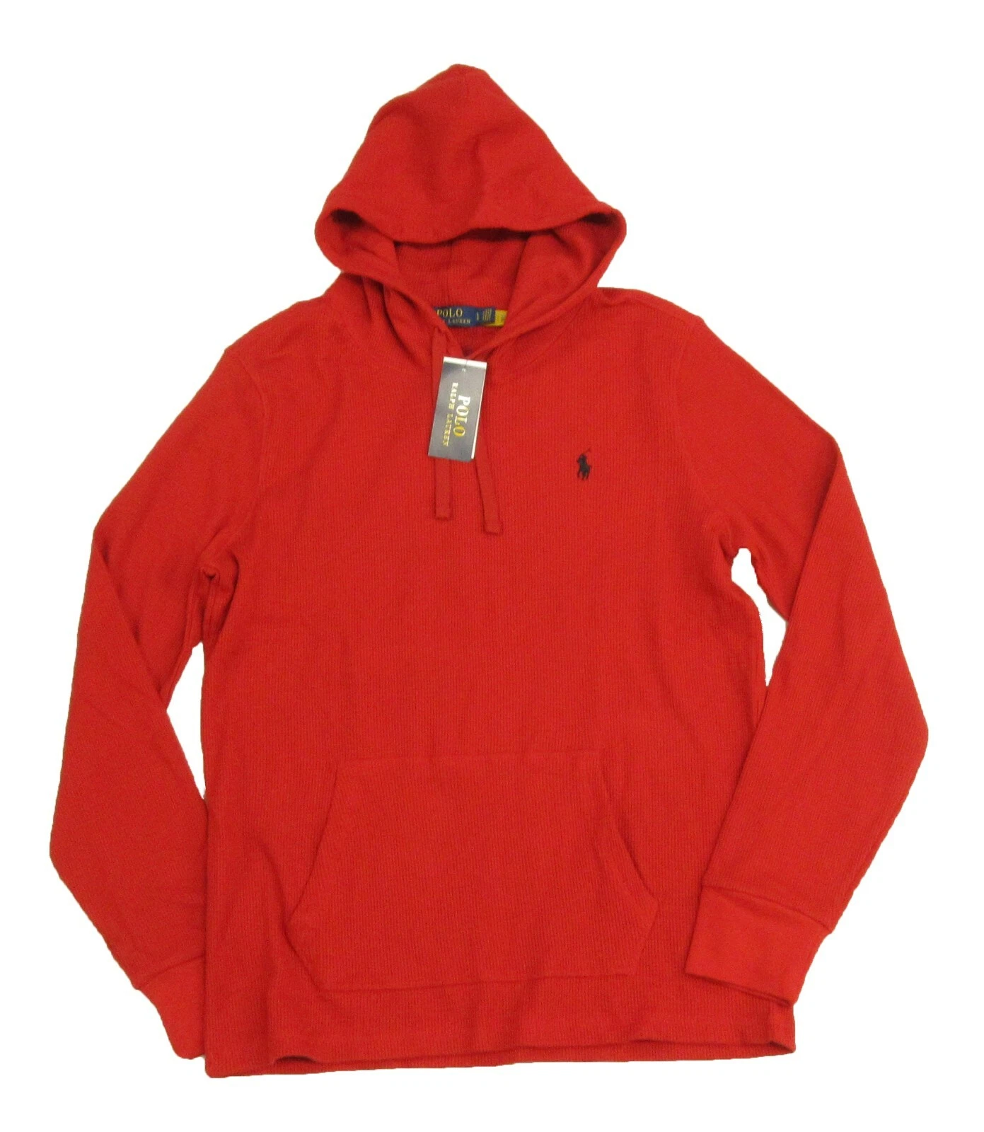 Polo Ralph Lauren Men's Red Solid Cotton Waffle Knit Thermal Pullover Hoodie