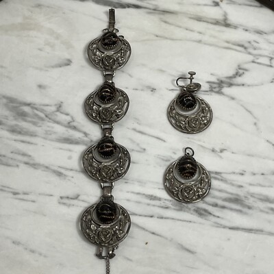 Vintage Antique Elsa Schiaparelli Silver Bracelet & Earrings, All Pieces Signed