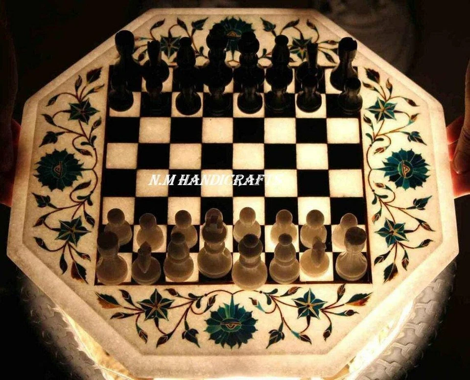 White Marble Chess Set, Turquoise Stone Inlay Chess Board, Vintage Game Board - Image 4 of 4