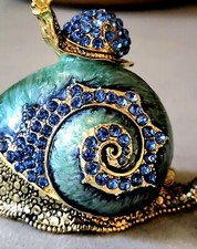 3.5" Snail-And-Baby Hinged Trinket Box Pewter Enamel Bejeweled With Crystals New