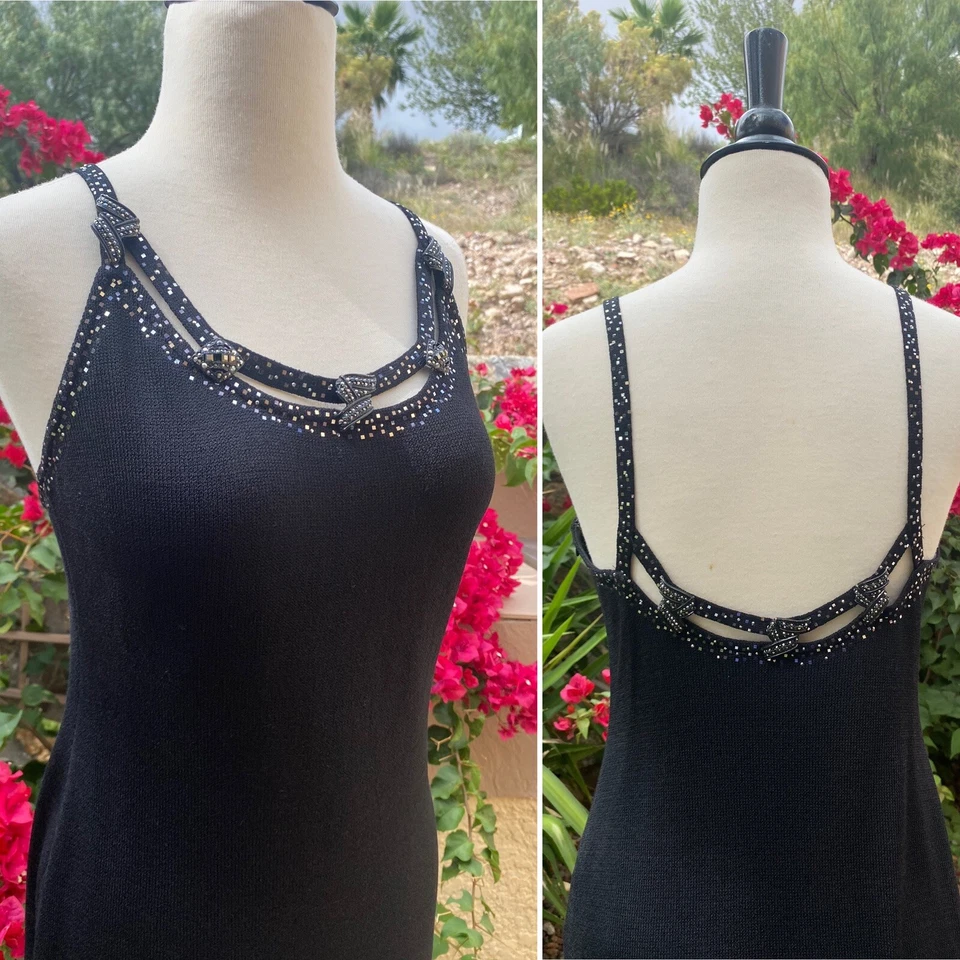 Maxi Vestido De Colección St John Evening by Marie Gris Formal Tejido Negro Talla 4 Foto 2 de 4