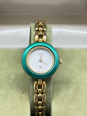 Exc+5] GUCCI 11/12 Change Bezel Watch Green Gold Tone Quartz Used
