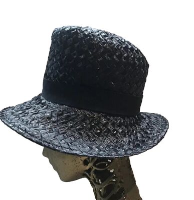 Vintage Navy Straw Hat 40s Tilt 60s Fedora High Crown  display picture 2