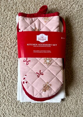 Holiday Time Four 4 Piece Kitchen Set Ginger Bread Man Theme Potholder Towel Set