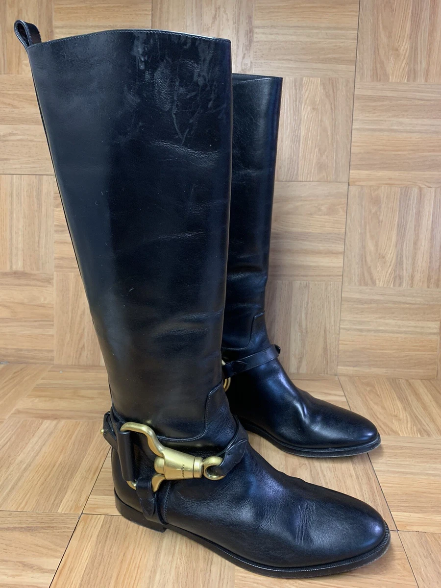 RARE Burberry Black Leather Equestrian Gold Buckle Riding Boots Sz 37.5 Womens