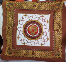 Ladies Silk Scarf Fleur-de-lis Crown Crest Tassel 100  34.25 inch Brown Gold