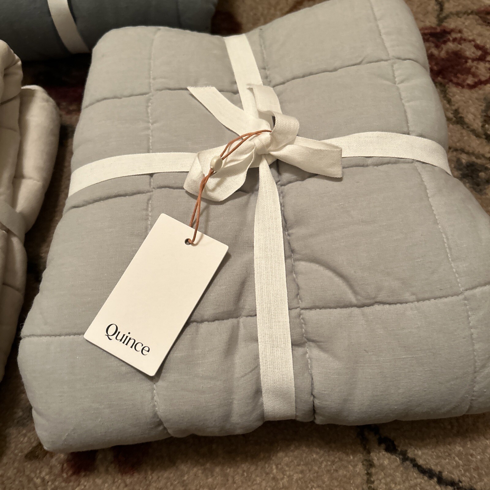 LOT OF 3- Quince European Linen Box Quilted KING Shams- Sand, Sage, Dusty Blue