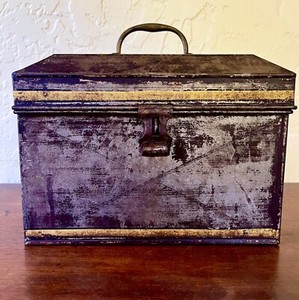 Antique Tin Tole Cash/Deed/ Strong Box w/ Brass Handle Gilt Detail Blue Inside