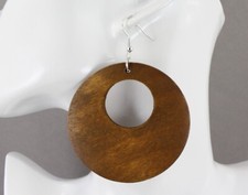 wood round earrings Brown big lightweight dangle wooden circle disc 3 1/8" long