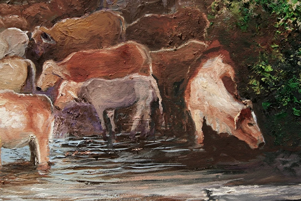ANDRE DLUHOS Vacas Occidentales Rebaño Rancho Animales de Agua Arte Original Pintura al Óleo Foto 3 de 4