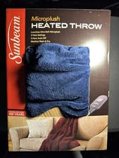Sunbeam Microplush Electric Heated Throw Blanket - Garnet Color N Blue OPEN BOX