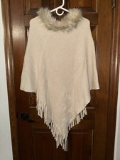 Cejon Solid Ivory Knit Shawl Wrap Faux Fur Trim Fringe Acrylic Polyester Women