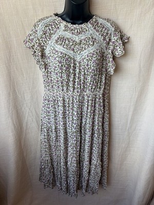 Cream/pink Floral/lace Trim Midi Dress Size L By Dunnes (4840)