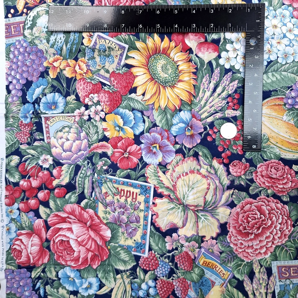 VTG Flowers Produce Seed Packs Allover Print Kessler Concord Cotton Fabric 31" L - Image 4 of 4