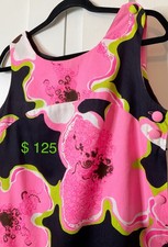 VINTAGE 60s HAWAII MALIHINI FLORAL LONG DRESS PINK/BLACK barkcloth cotton