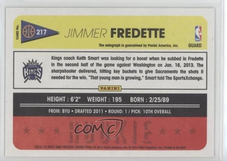 2012-13 Panini Past & Present Signatures Jimmer Fredette #217 Rookie Auto RC - Image 2 of 2