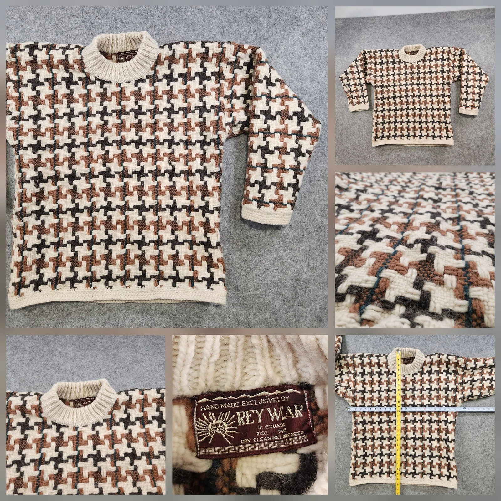 Vintage Rey War Sweater Mens Large? Brown Cream Wool Knit Geometric Pullover 90s