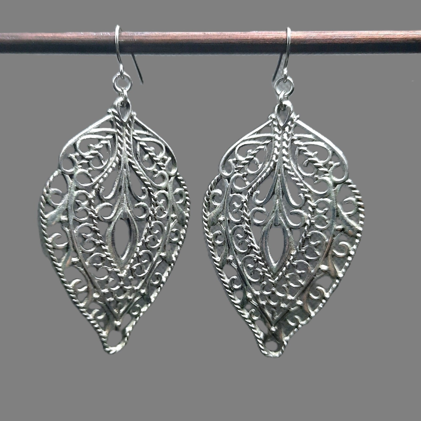 Filigree Large Leaf Earrings Statement Silver Ton… - image 4