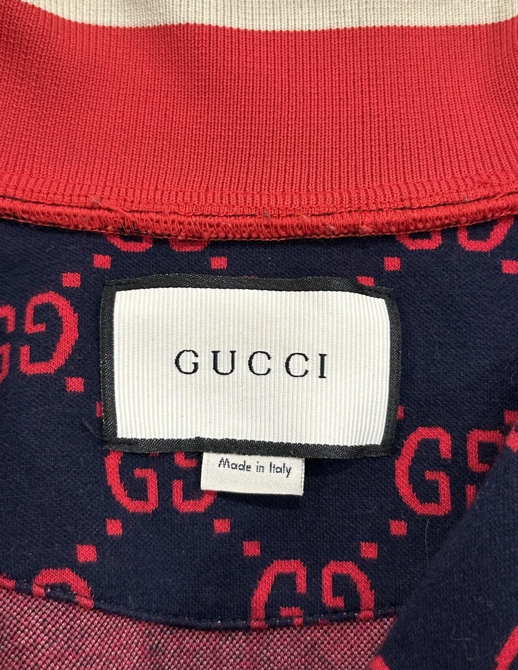 Gucci Men's L Cotton GG Logo Print Full Zip Stand-Up Collar Jacket Navy Red - product detail image 3