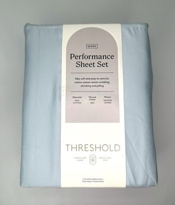 NWT Threshold Performance 400 Thread Count 100% Cotton Sheet Set Lt Blue Queen