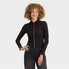 Women Long Sleeve Brushed Ribbed Polo Zip-Up Jacket - A New Day