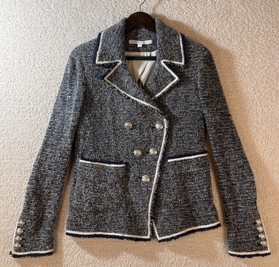 Veronica Beard Carroll Portrait Tweed Dbl Breasted Blazer Size 6 Grey/White/Navy