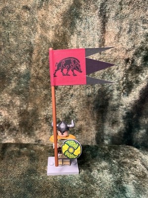 1x 54mm MINI Dark Ages VIKING + 1x Flag Banner on original LEGO Flagpole + Base