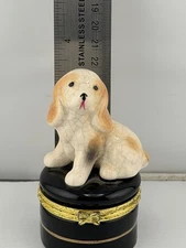 Vintage Puppy With Crazing  Figurine Atop Hinged Trinket Box.
