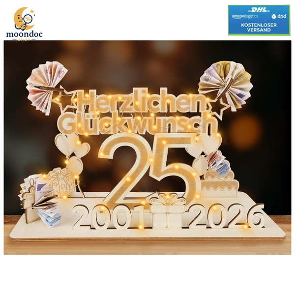 Geldgeschenke Holz Schild 25 Geburtstag Mit LED Lichterkette Deko Geschenk Frau-image
