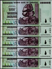 5 x 2008 50 TRILLION DOLLARS ZIMBABWE BANKNOTE, AA P-90 GEM UNC