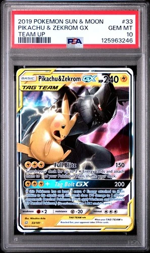 2019 POKEMON SUN & MOON TEAM UP #33 PIKACHU & ZEKROM GX PSA 10
