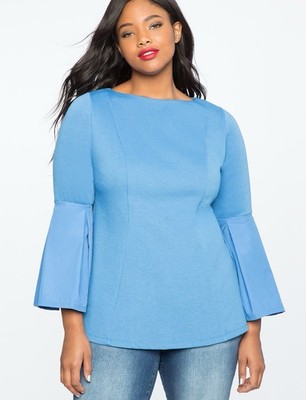 ELOQUII Womens Size 14 Blue Bell Sleeve Top Boat Neck Stretch Knit Blouse NWT
