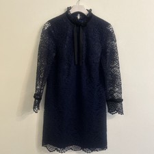 Tahari Size 4 Navy Blue Lace Shift Dress Tie Neck Long Sleeve
